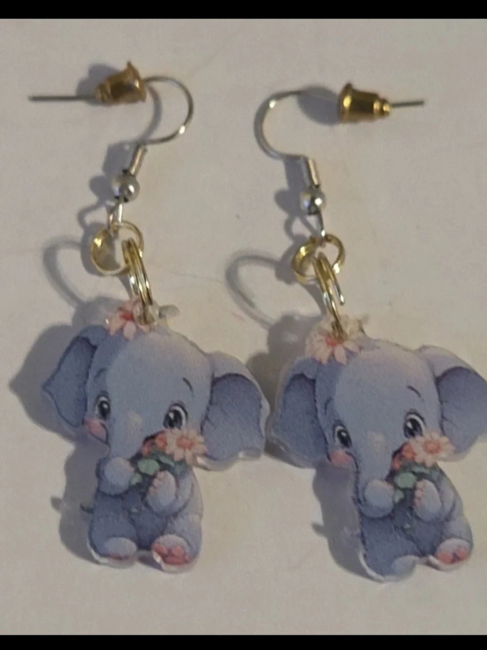 Cute Baby Elephant W/ Flower Acrylic Dangle Earrings Double-sided Jewelry